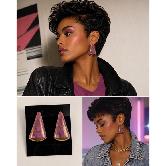 Jewelry - Vintage 80s Pink Gold Marbled Ceramic Triangle Statement Pierced Retro Earrings